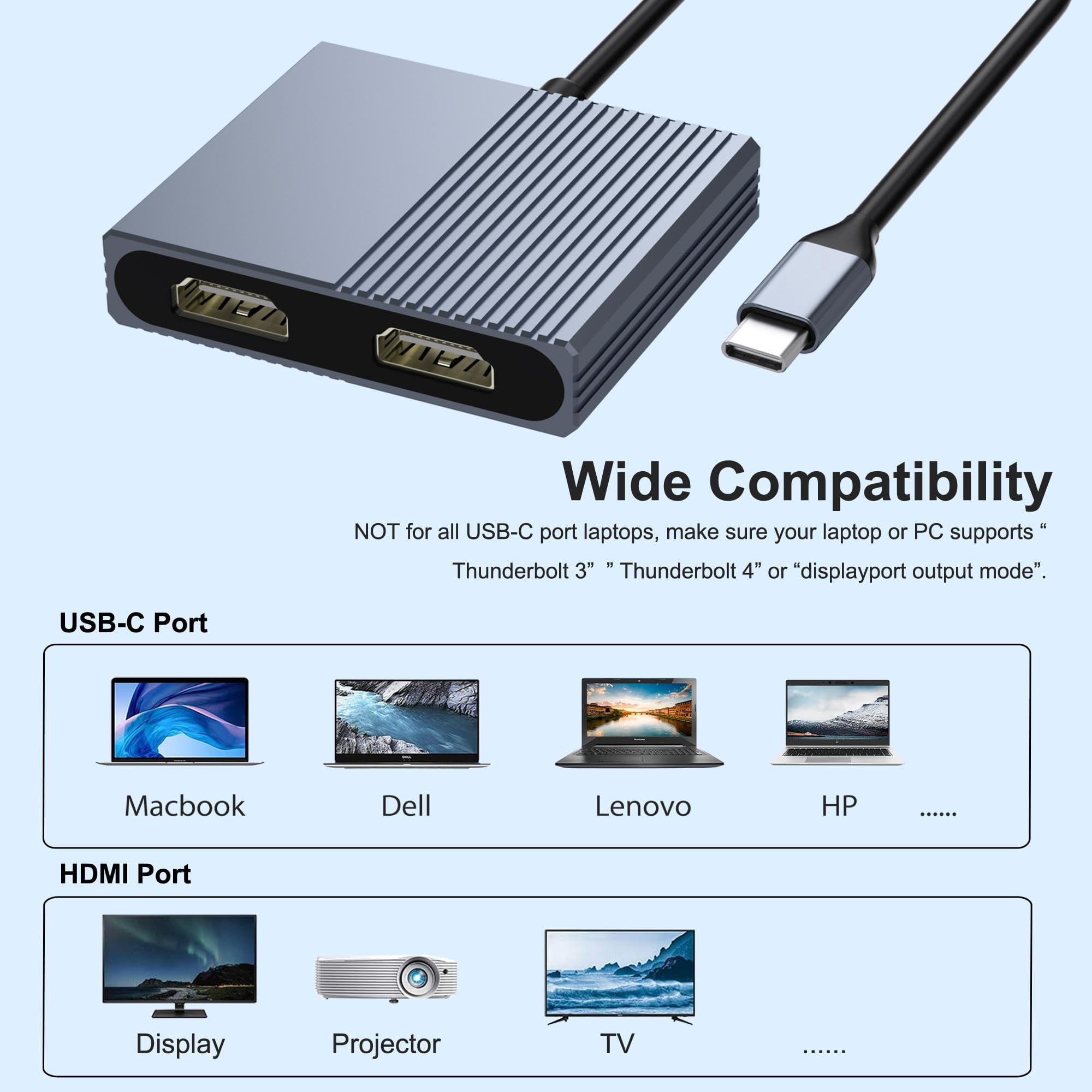 HDMI Splitter for Dual Monitors, Dual HDMI Adapter for 2 Monitors, 4K@60hz Display, USB C to Double Adapter, Splitter Extended Display, Docking Station for Dell/HP/Mac