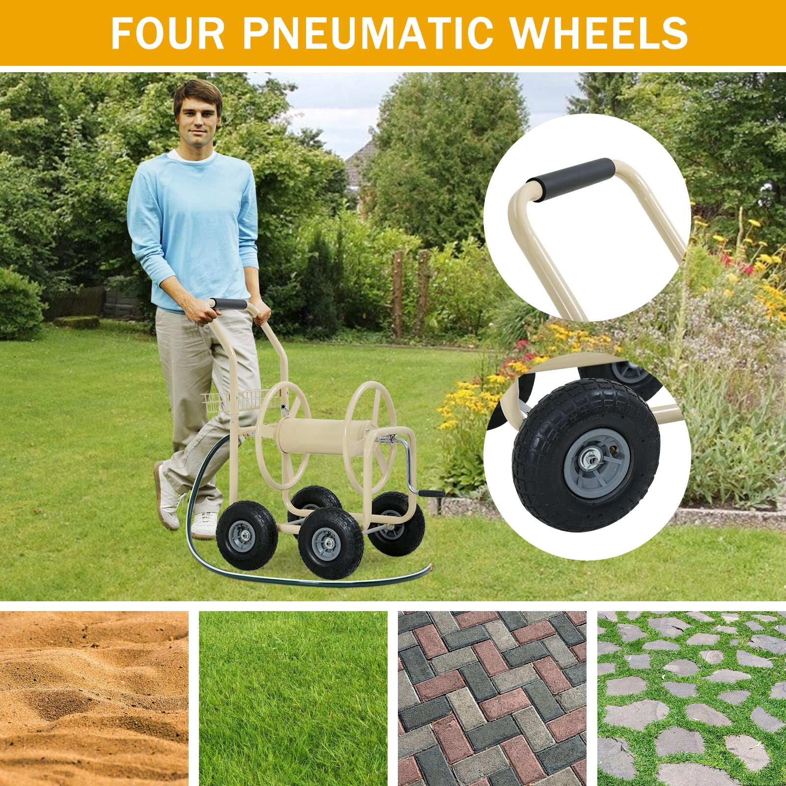 Garden Hose Reel Cart,  Hose Reel Cart with  4 Wheels, Heavy Duty Outdoor Water Planting Truck with Storage Basket (Tan)