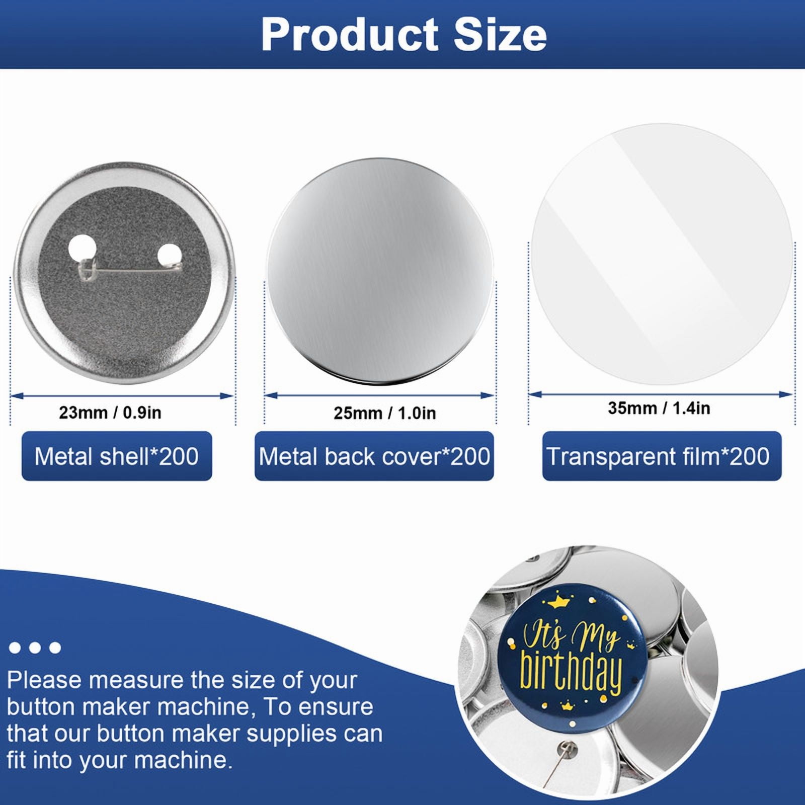 25MM Metal Blank Button Badge Parts with Blank Paper for Button Maker Machine Pin Maker Button Press, including 200PCS Metal Shell, 200PCS Metal Back Cover, 200PCS Transparent Film