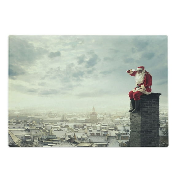 Christmas Cutting Board, Santa Claus Sitting on Chimney Above the City, Decorative Tempered Glass Cutting and Serving Board, in 3 Sizes, by Ambesonne