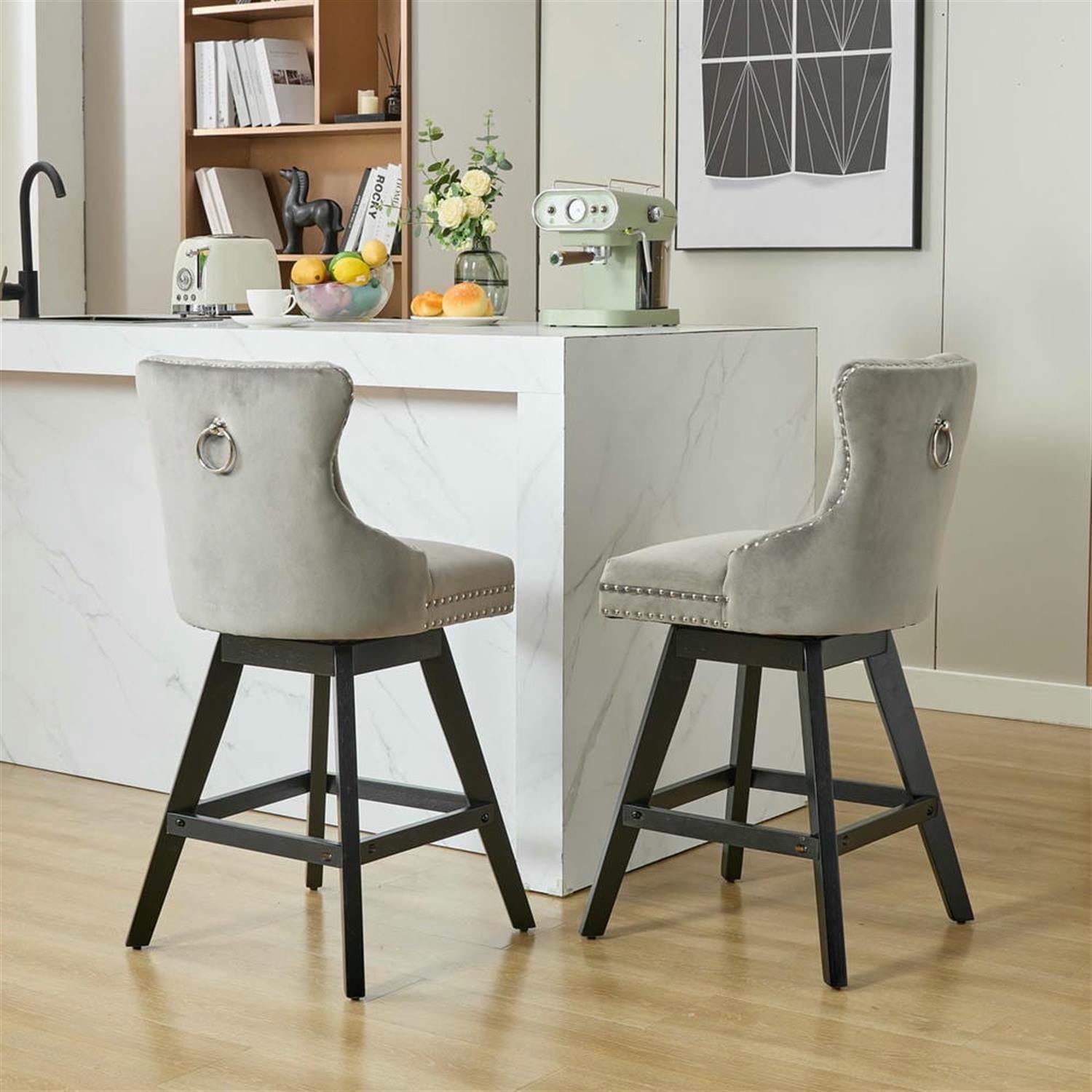 Demi Bonn 38" Counter Height Bar Stools Set of 2, Velvet Swivel Barstools with Button Tufted Back, Kitchen Island Countertop Chairs for Dining Room, Gray