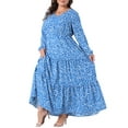 thumbnail image 2 of Plus Size Women's Polka Dots Long Maxi Dress Lantern Sleeve Ruffle Hem Flowy Boho Dresses 3X Blue, 2 of 6