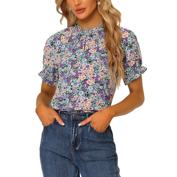 Floral Ruffle Collar Short Puff Sleeve Blouse main image 1