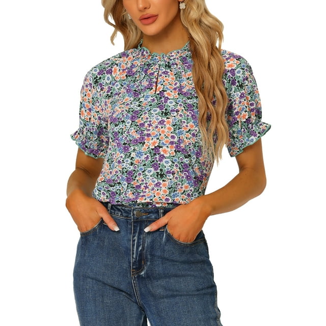INSPIRE CHIC Women's Blouse Floral Ruffled Short Sleeve Ruffle Neck Casual Blouses M Black Purple