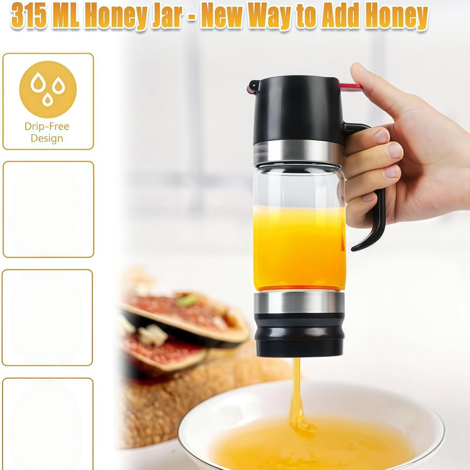 Honey Dispenser No Drip Glass with Stand,Honey Dispenser Pot,12oz Glass Honey Jar Pot with Handle for Honey, Maple Syrup, Coffee, Tea & Pancakes (2pcs)