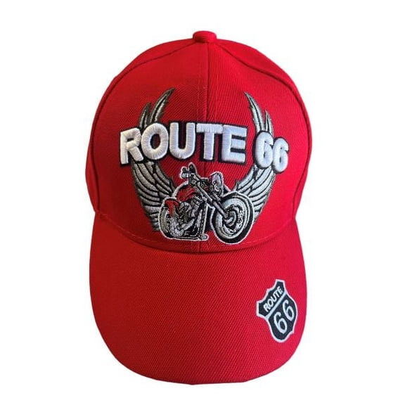 Motor Cycle & Wings Route 66 Baseball Caps Embroidered  - Red Color - Uni-Sex Style  -- FREE  USA  Shipping -- (7508-107R)