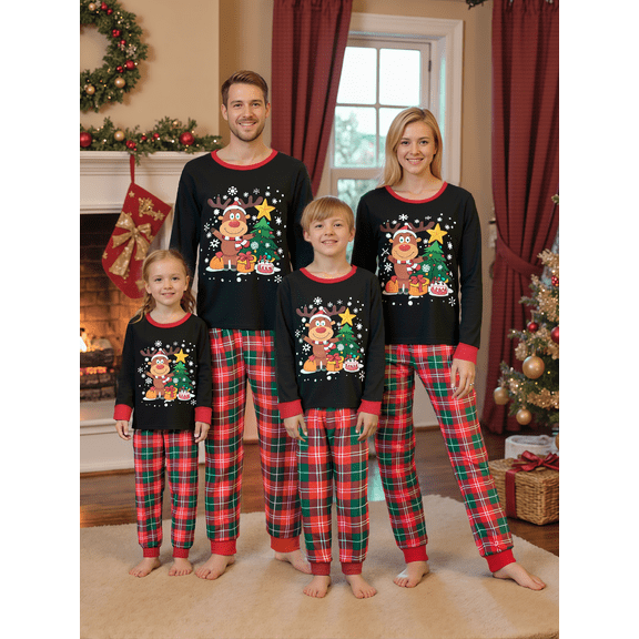 Family Matching Christmas Pajamas Romper/Deer Christmas Tree Print Long Sleeve Tops and Plaid Pants Sleepwear Set