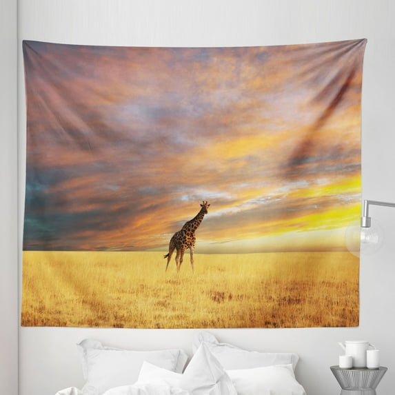 Giraffe Tapestry, Giraffe in Savannah Colorful Cloudy Sky at Sunrise Grassland Autumn Picture, Fabric Wall Hanging Decor for Bedroom Living Room Dorm, 5 Sizes, Yellow and Peach, by Ambesonne