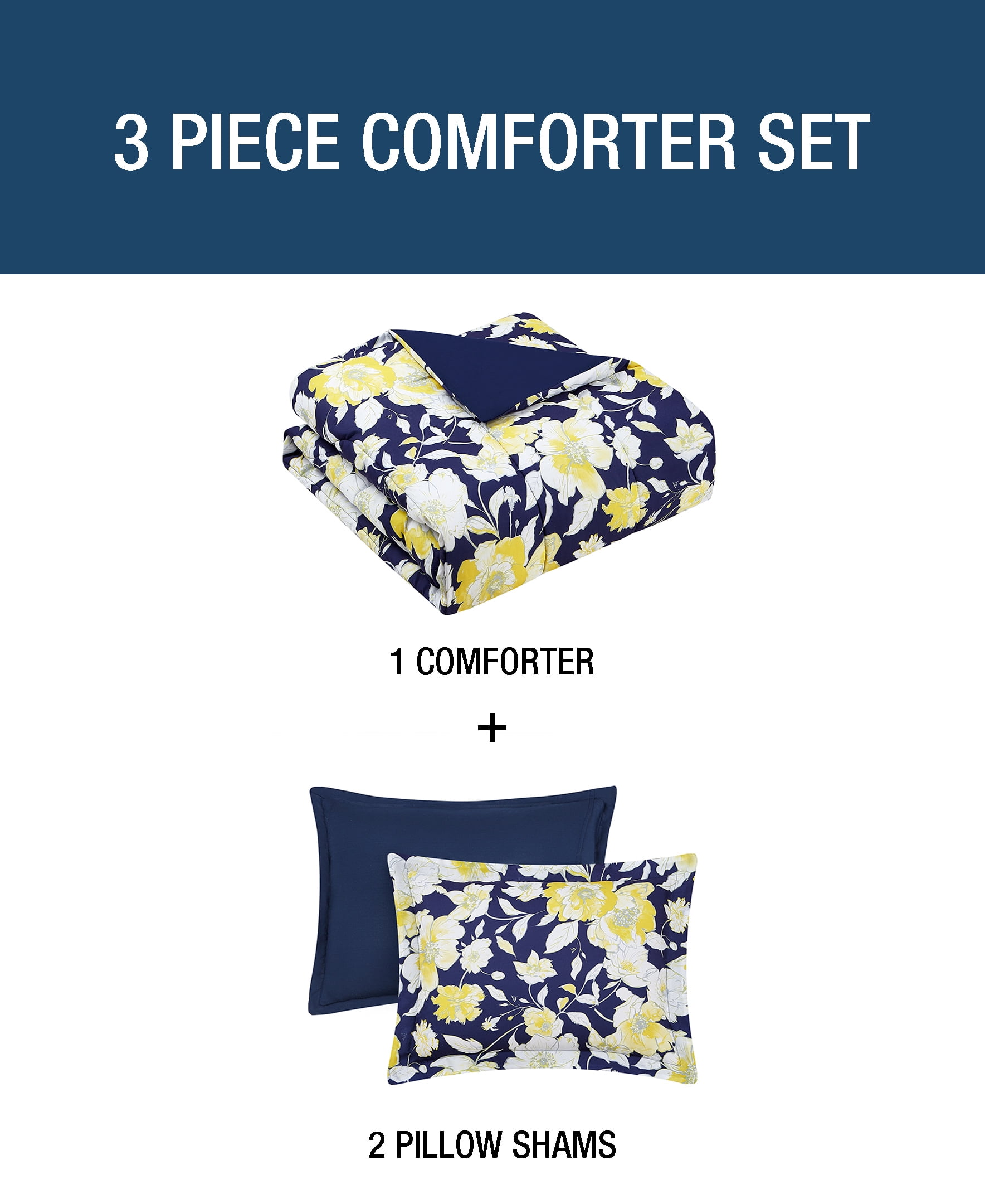 CEDAR COURT Aster Floral Yellow Ultra Soft Microfiber 3 Piece Comforter Bedding Set - King