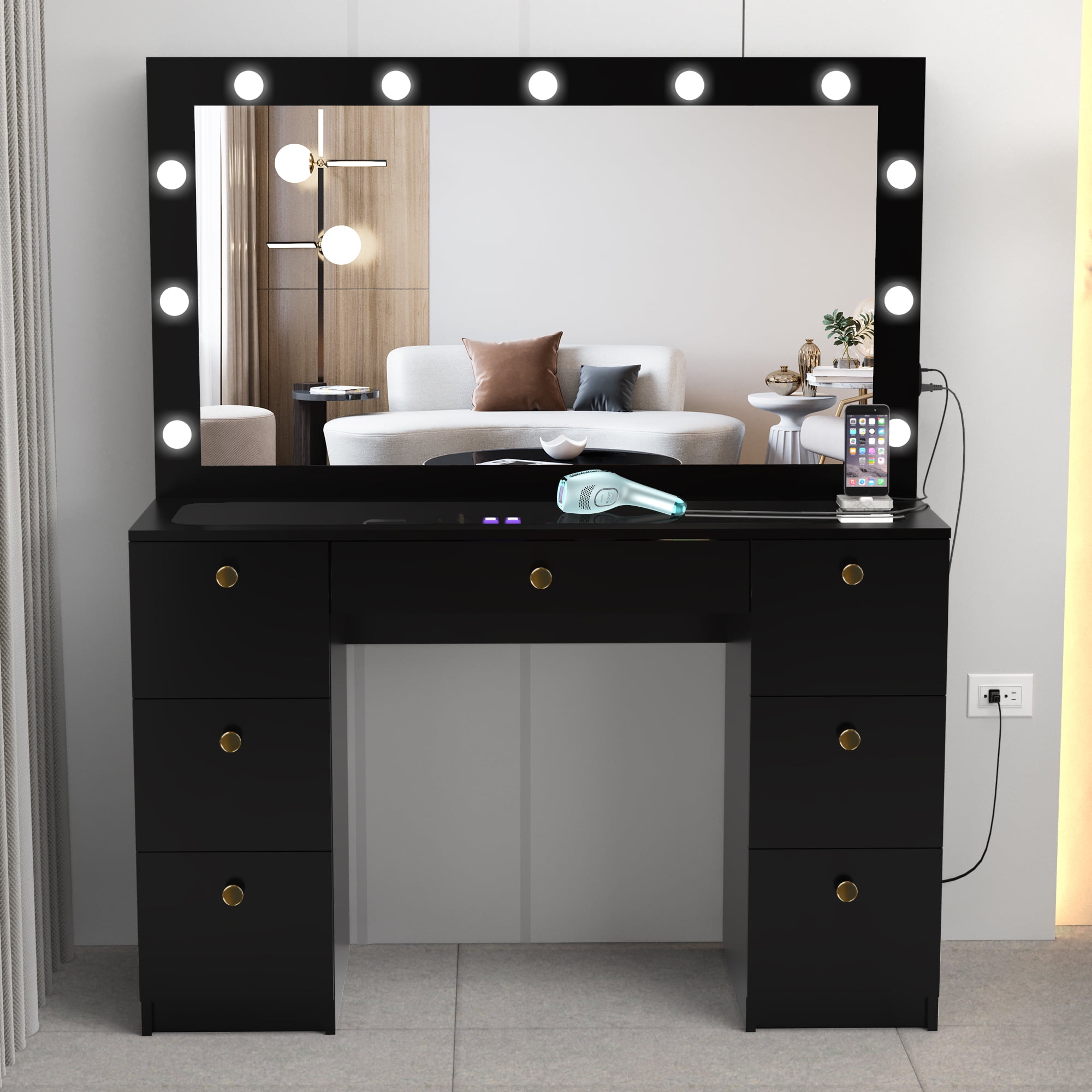 Ibbie Modern Vanity Table 7 Drawers Lights Mirror Crystal Knobs 