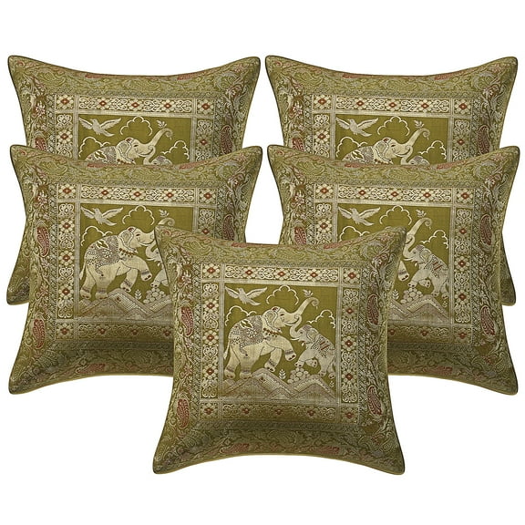 Stylo Culture Ethnic Decorative Throw Pillow Covers 16 x 16 Jacquard Olive Green Traditional 40cm x 40cm Home Decor Brocade Elephant Zippered Square Cushion Covers | Set Of 5