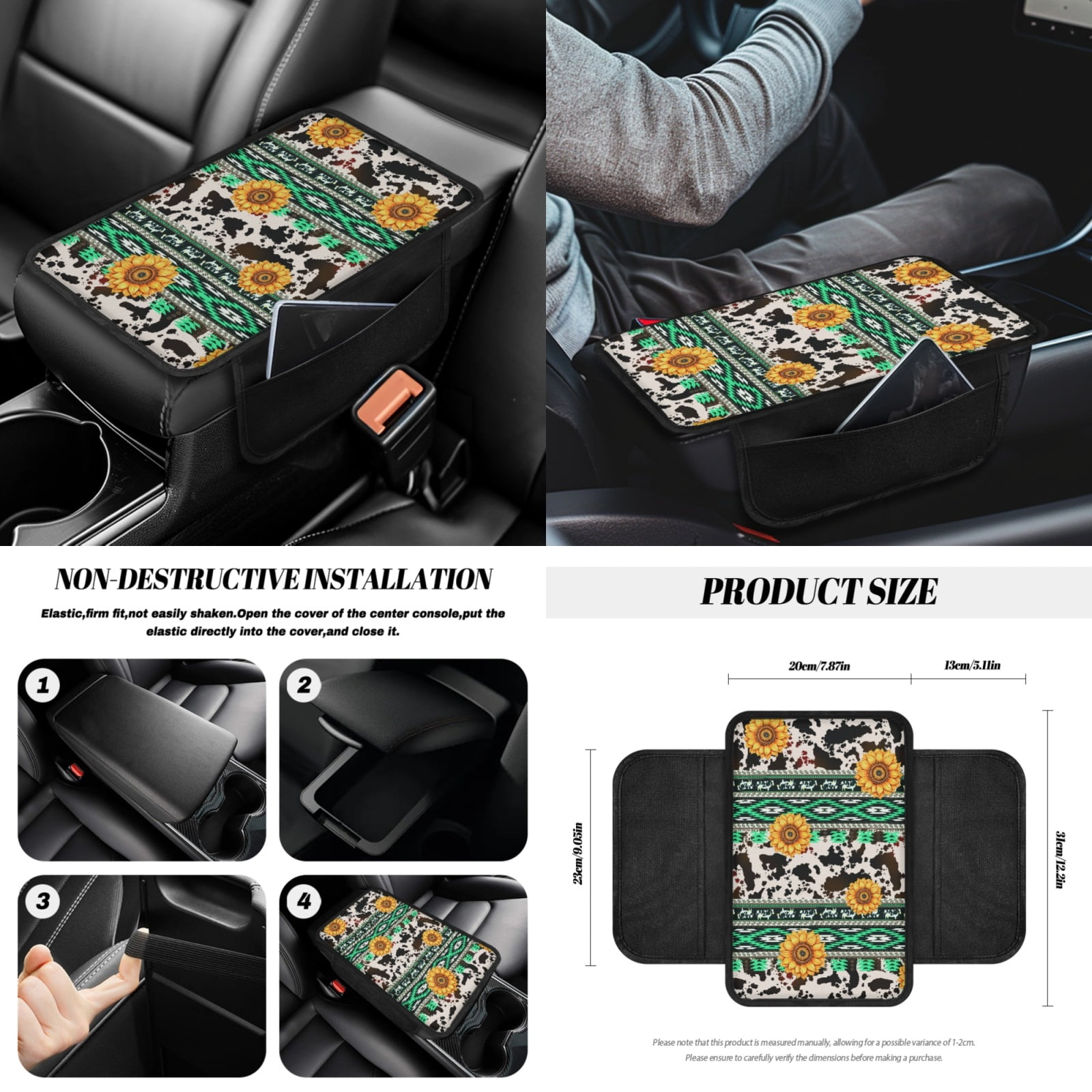 Renewold American Tribal Sunflower Cow Print Green Car Seat Covers Full Set, with Steering Wheel Safe Belt Cover Handbrake Set Coasters Garbage Bin Rear View Mirror Center Console Cover, 14 PCS