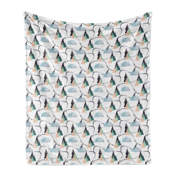 Bunny Soft Flannel Fleece Throw Blanket, Winter Forest Hand-drawn Art Pattern with Christmas Trees Footpath Snowy Hill Hare, Cozy Plush for Indoor and Outdoor Use, 60" x 80", Multicolor, by Ambesonne