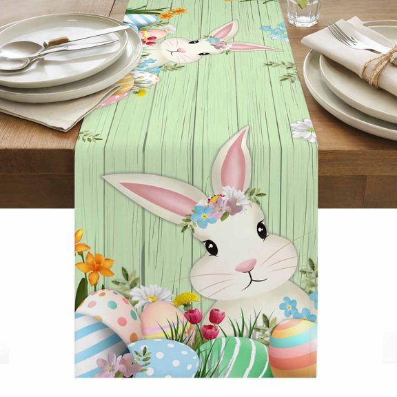 Easter Bunny Table Runner - 60 Inch Long, Kitchen Dining Table Runner Dresser Scarves, Farmhouse Colorful Eggs Tulip Wood Grain Green Farmhouse Decor for Coffee Tables Wedding Party Banquet