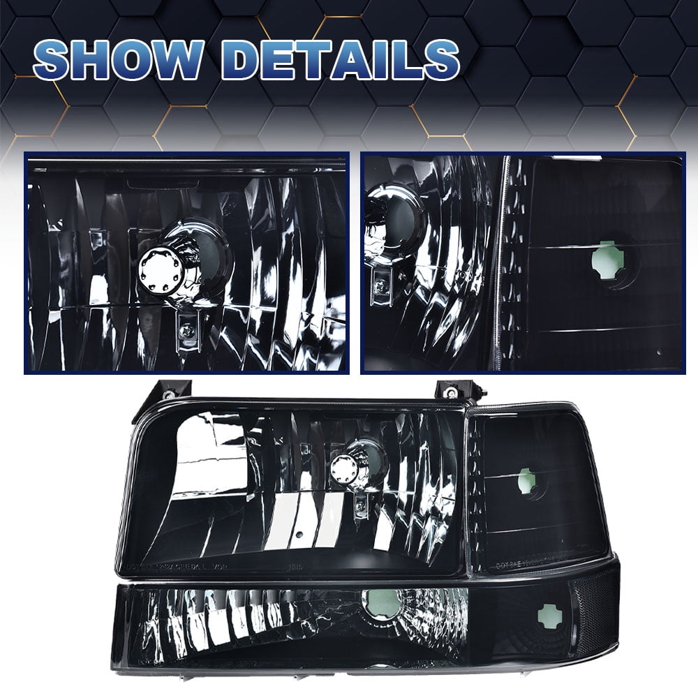 PIT66 Halogen Headlights Smoke Lens Black Housing Clear Reflector, Fit for 92-96 Ford F150/250/350 Bronco