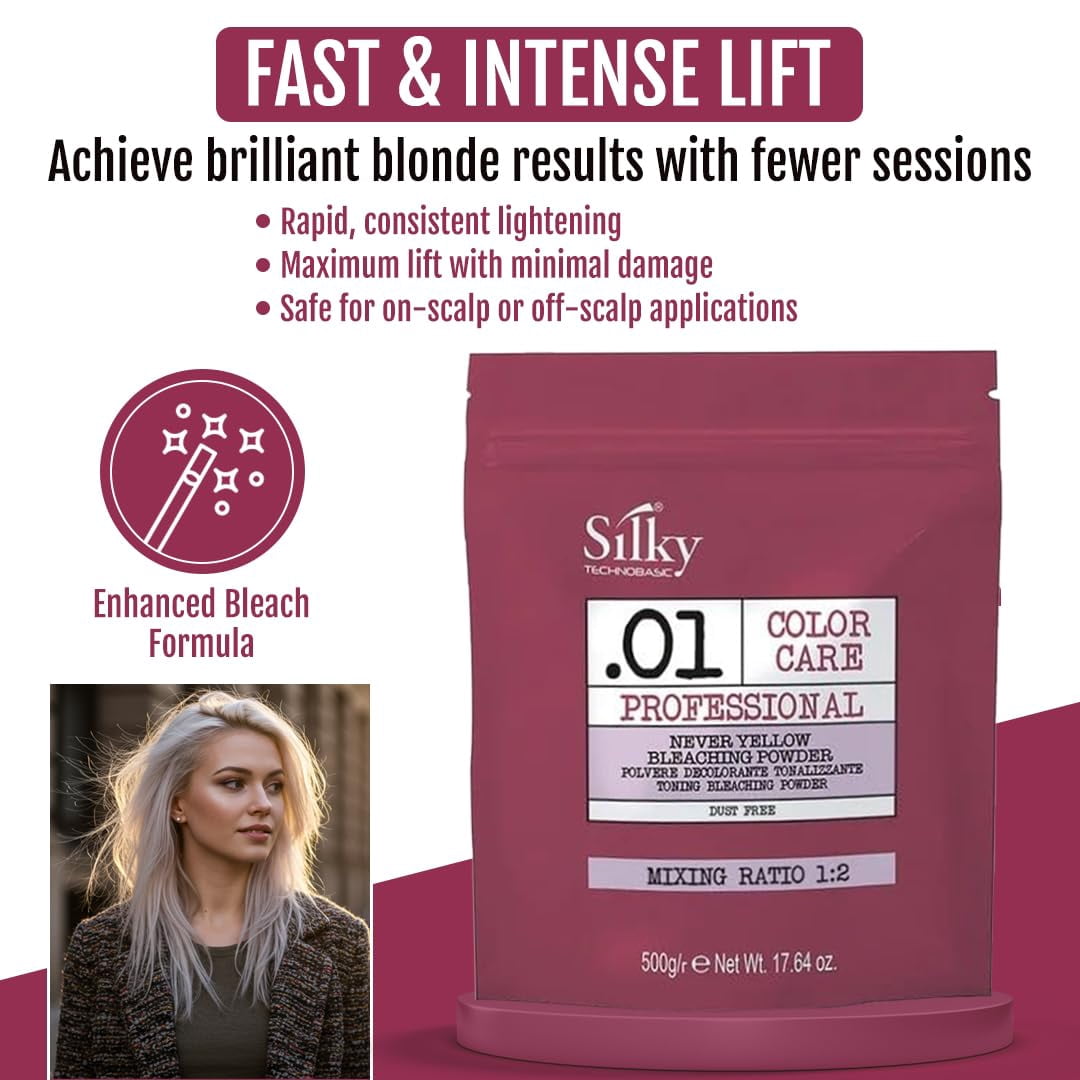 SILKY.01 Never Yellow Hair Bleach Powder - Bleach for Dark Hair with No Yellow Tones for Smooth & Salon-Quality Results - Bleaching Powder with Lightening Formula Safe for All Hair Types - 17.64 oz