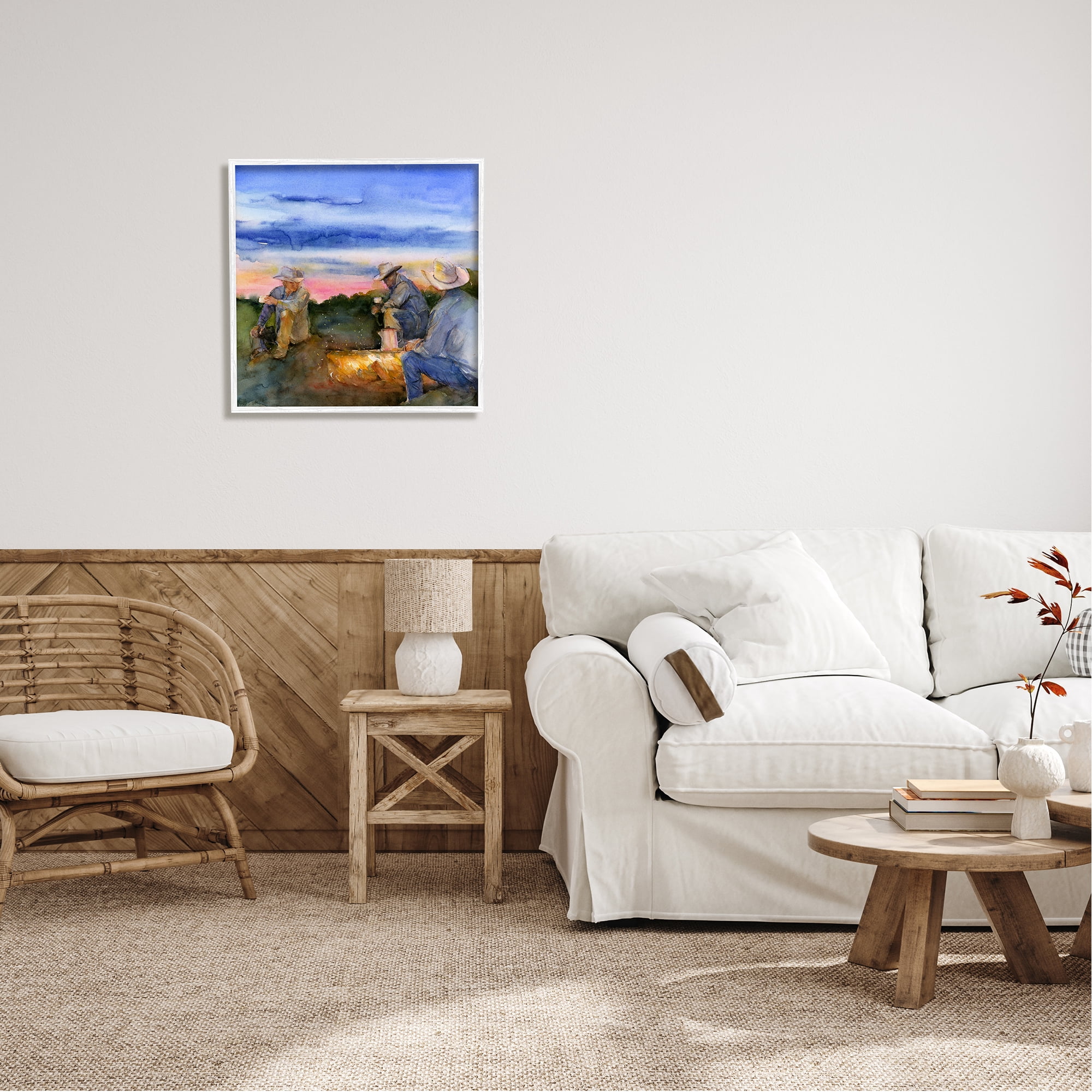 Stupell Industries Cowboys Around Campfire Landscape Painting White Framed Art Print Wall Art, 24 x 24
