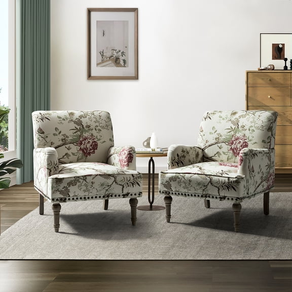 Tina's Home Accent Chair Upholstered Armchair Set of 2, Single Sofa Couch Lounge Seat Wooden Legs Nailhead Trim Bedroom Office Floral