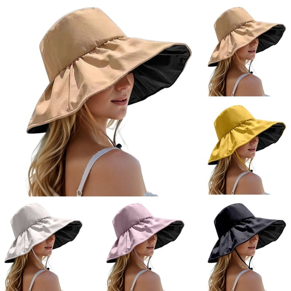 XINPING Women's Black Lined Sun Bucket Hat, Wide Brim UV Protection Beach Vacation Hat Breathable and Adjustable for Outdoor Travel Beach, Hiking & Pool