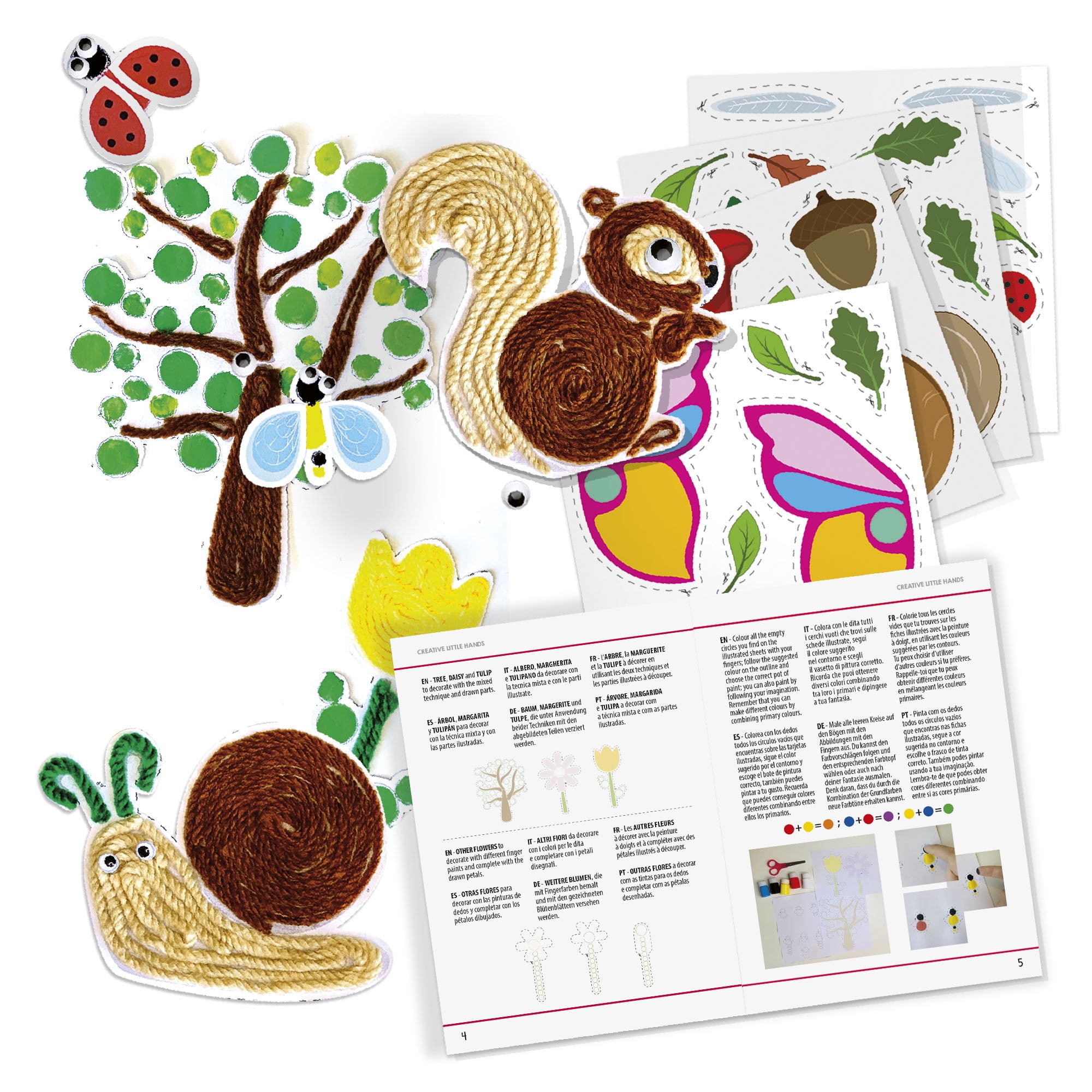 Headu: Creative Little Hands - DIY Artistic Techniques Craft Kit, Finger Painting, Woolen Threads Characters & Flowers, Cardboard Cut-Outs, Kids 3+