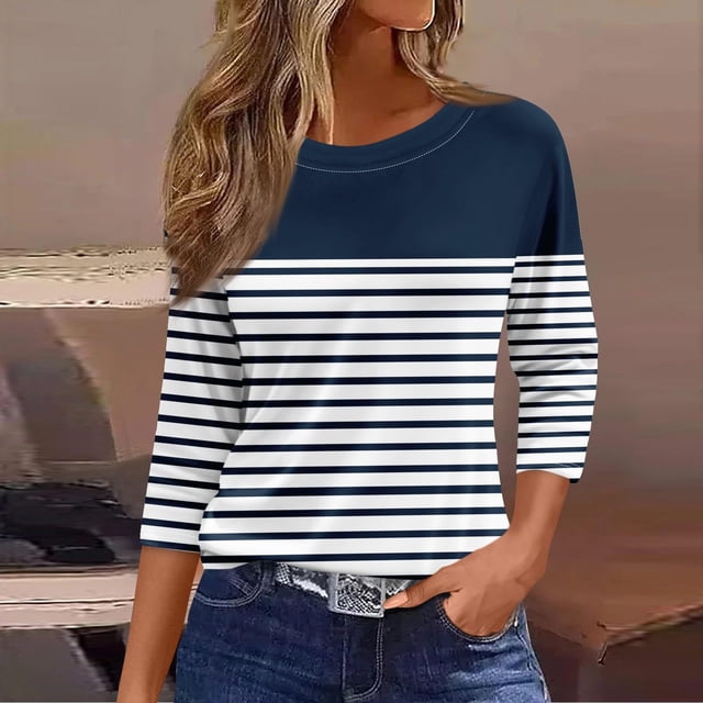 Sentmoon Mode Ample Manches 3/4 Hauts pour Femmes Col Rond Rayé Chemises Manches Longues pour Femmes Grande Taille Tenues Athlétiques Automne pour Femmes 2024 Marine S jusqu'à 40 % de Réduction