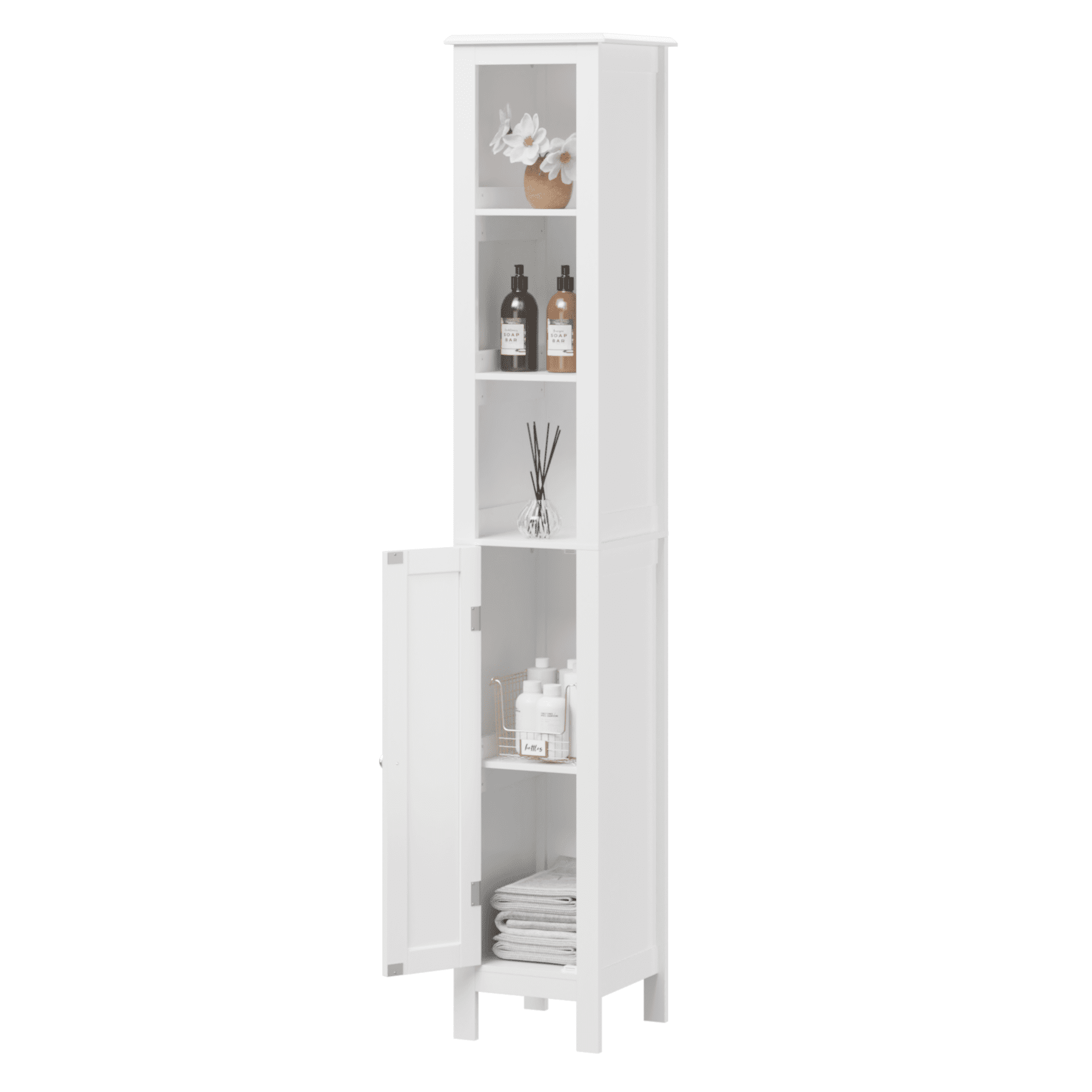 Aukfa 66.92" Wood Storage Cabinet, Slim Freestanding Cabinet with Anti-Tip and Adjustable Shelves for Small Spaces, Bathroom,Kitchen, White