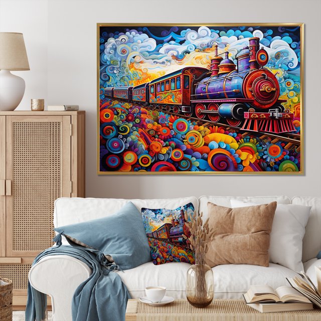Designart train Oversized framed wall art decor, Train framed wall Art, Abstract Train curious Journey I , Multi-Color Modern Gold framed wall art, 40x30 inches Gold Frame