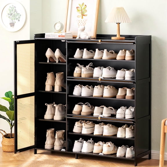Shoe Storage Cabinet with Rattan Doors,7 Tier Bamboo Shoes Organizer,Free Standing Shoe Shelf Storage Rack,Shoes Organizer for 25 Pairs || Closet Living Room Entryway Hallway, (Black)