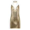 thumbnail image 3 of Women Sexy Halter Mini Dress Y2K Low Cut Mini Dress Sleeveless Cowl Neck Spaghetti Strap See Through Metal Chain Halter Sequin Glitter Sparkle Dance Costume Festival Club Cover Up Ladies, 3 of 3