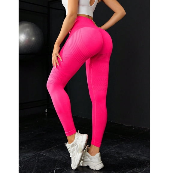 Women Anti-Cellulite Honeycomb Knit Compression Leggings, Scrunch Butt Striped Athletic Running Pants Hot Pink S
