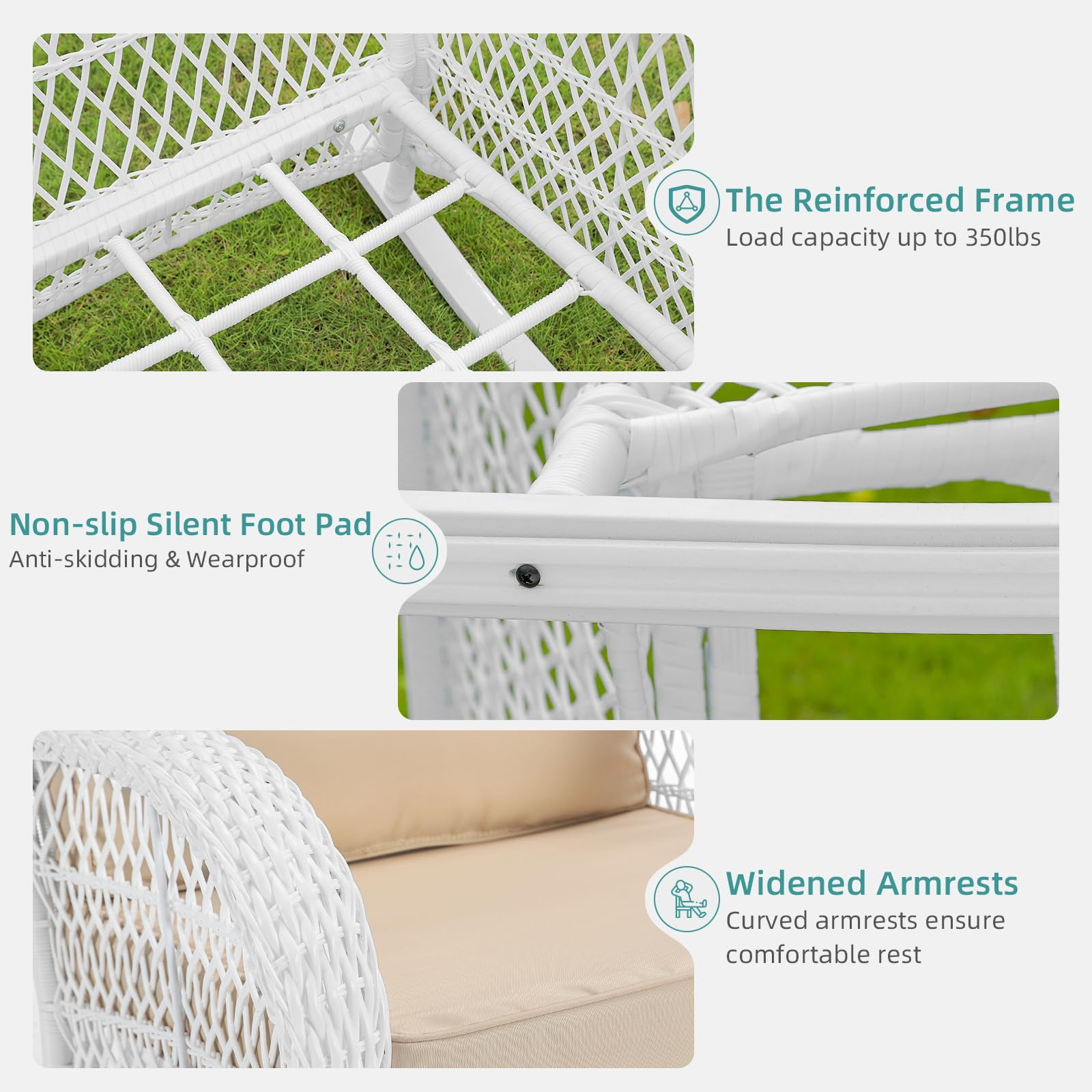 MEETWARM 3 Pieces Patio Conversation Set, Rattan Outdoor Rocking Patio Bistro Set with 2 Rockers and 1 Side Table with 4" Thick Cushions, Outdoor Furniture Set for Porch Backyard, White Wicker/Beige