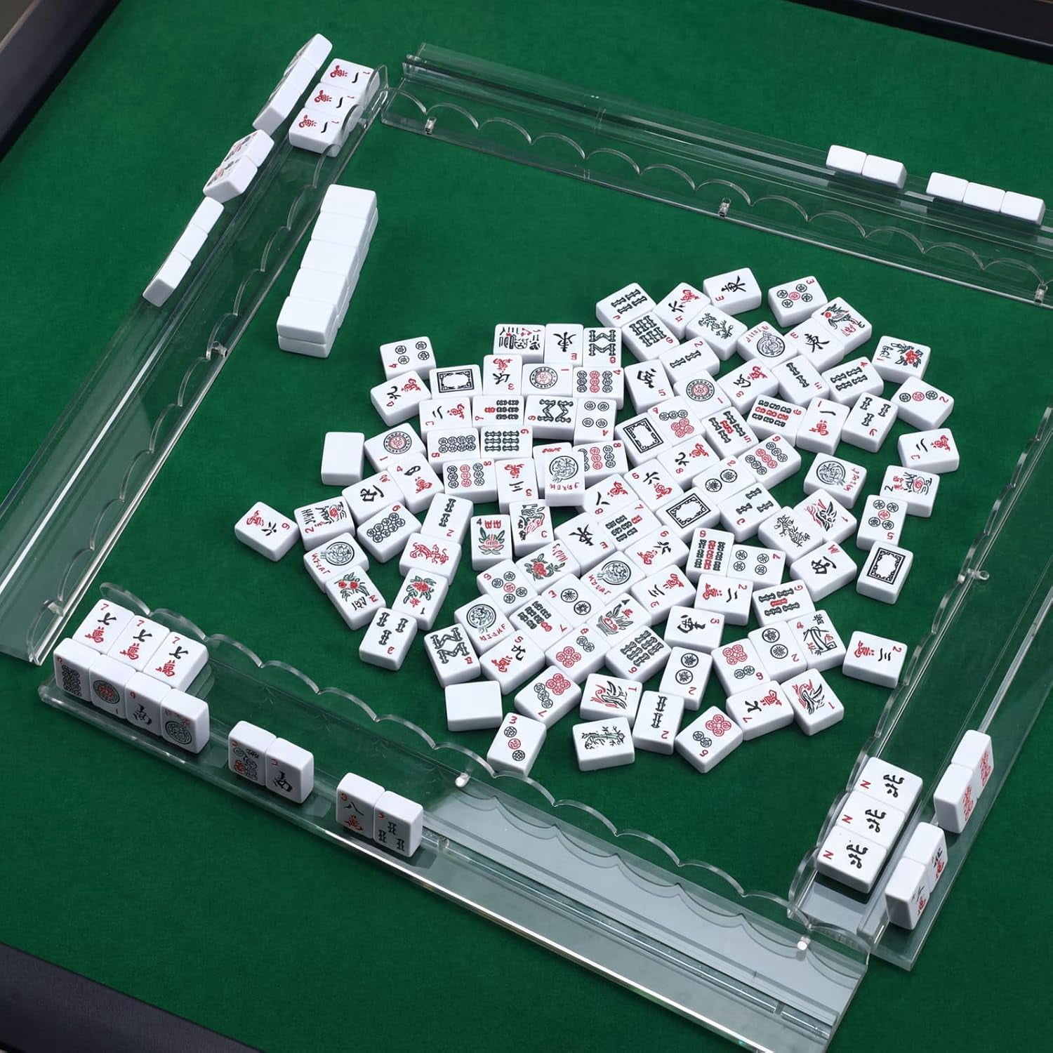 Mahjong Racks with Pushers, Set of 4 Acrylic Mahjong Racks with Magnetically Attached Mahjong Pushers, Easy to Use for Home Game Nights (Transparent)