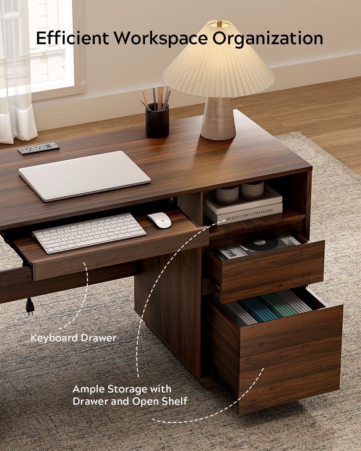 EYYTHUNG 59" Farmhouse Computer Desk, Wide Home Executive Desk with File Drawer & Open Storage & Power Outlet, Wooden Office Desk, Brown