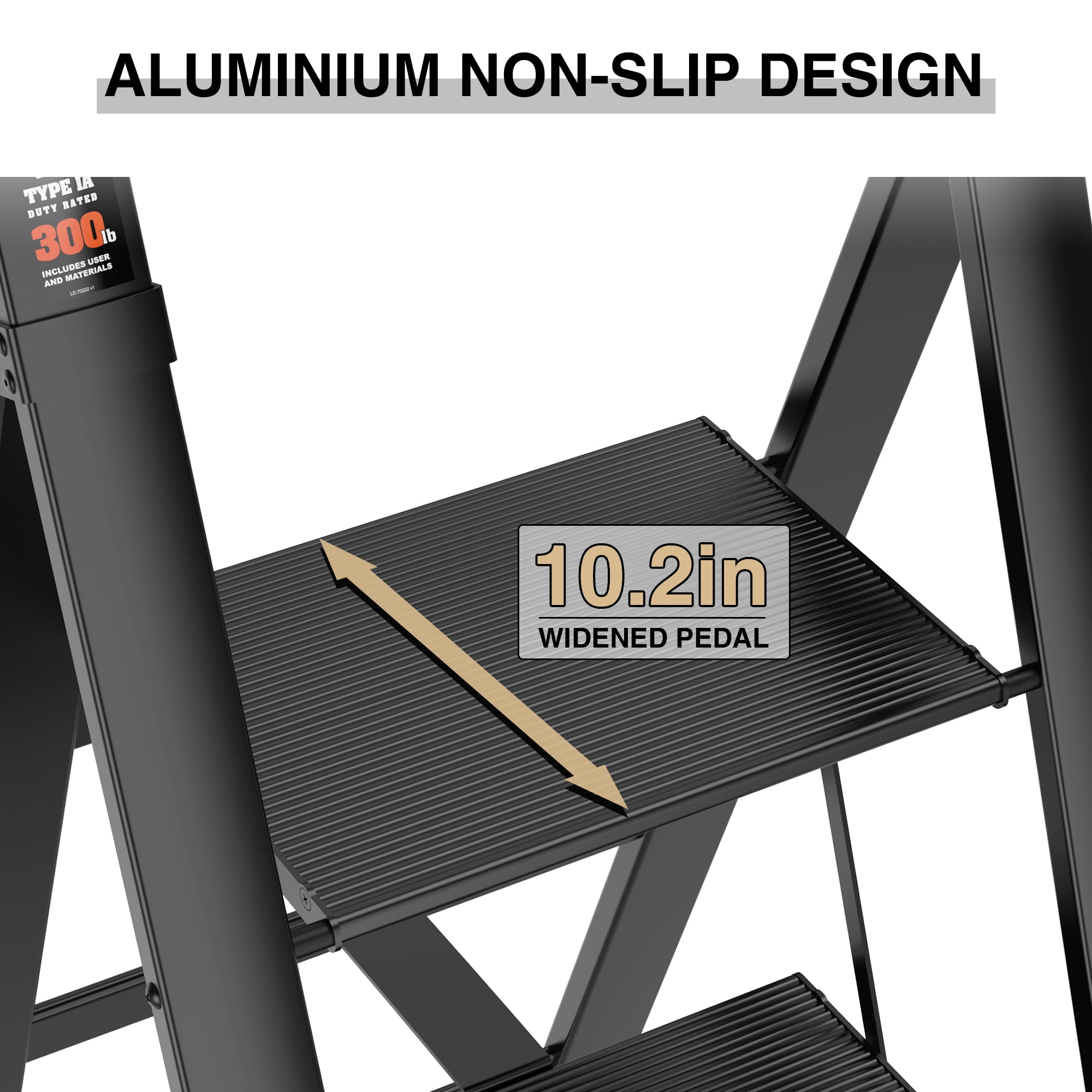 Kadyn Aluminum 3 Step Ladder, Retractable Ladder Folding Step Stool with Anti-Slip Wide Pedal, Portable Lightweight Ladder for Home and Office Use, Black