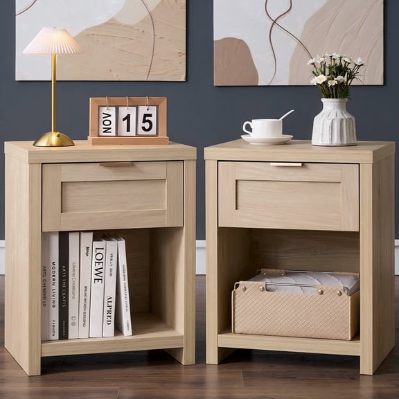 ARKANTO Nightstands Set of 2, Farmhouse Night Stand Bedside Table with Drawer and Storage Shelf, Wood Side End Table for Bedroom, Living Room, Light Oak