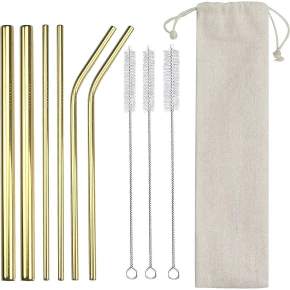 Heyone 10 Pcs Golden Reusable Metal Straws With Travel Case Cleaning Brush 8.5" Stainless Steel Drinking Straw For 20 Oz Tumblers Yeti - -