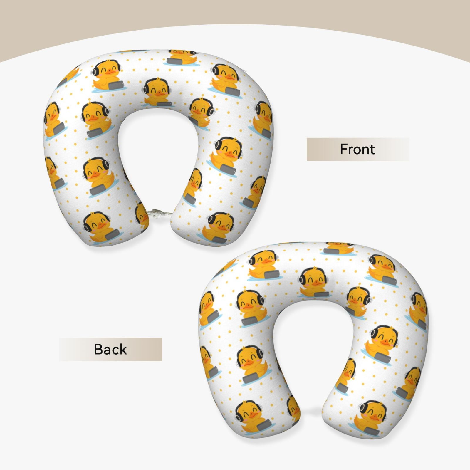 Xecao Cute Duck With Headphone Print Memory Foam Cervical Neck Pillow Versatile U-Shaped Pillows for Home,Office,Camping,Travelling,Soft Washable Cover