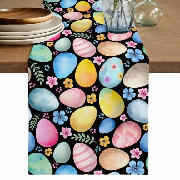 Easter Cotton Linen Table Runner for Dining Kitchen, Spring Colorful Eggs Flower Leaf Plant Black Wedding Outdoor Party Tablerunners Decoration, Dresser Scarf Coffee Tablecloth Runners 13x72 Inches