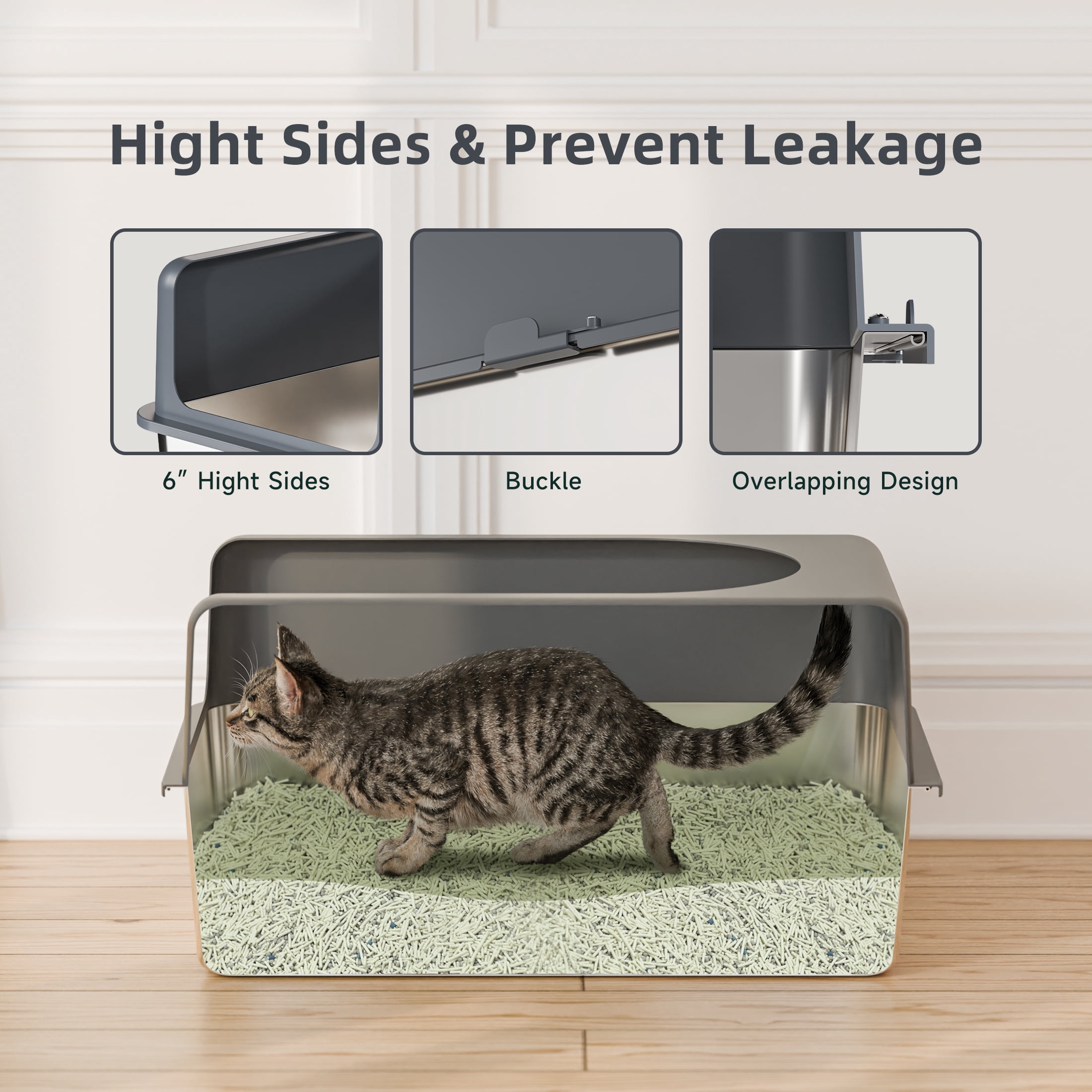 Bsadne Stainless Steel Cat Litter Box with High-Sided - Durable, Hygienic, and Escape (24'' x 16'' x 12'')