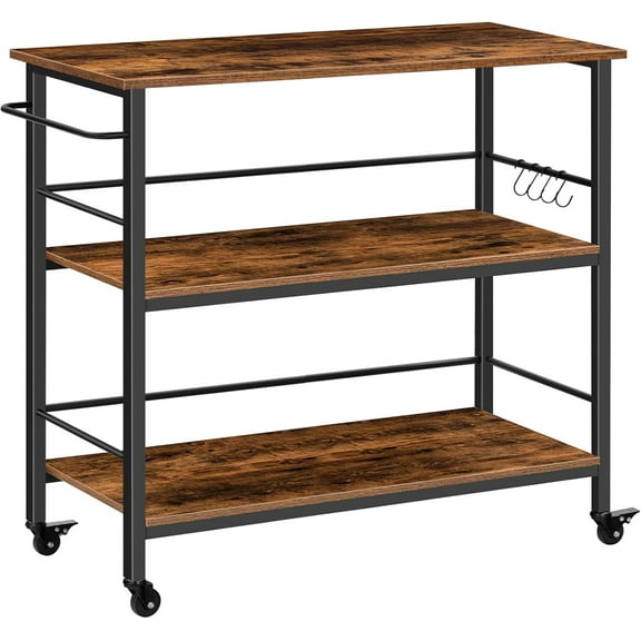 Kitchen Island with Storage,Industrial Kitchen Counter with Hooks and Side Enclosures, 3 Tier Kitchen Cart with Large Workstation, Saving Space, Easy Assembly, Rustic Brown and Black