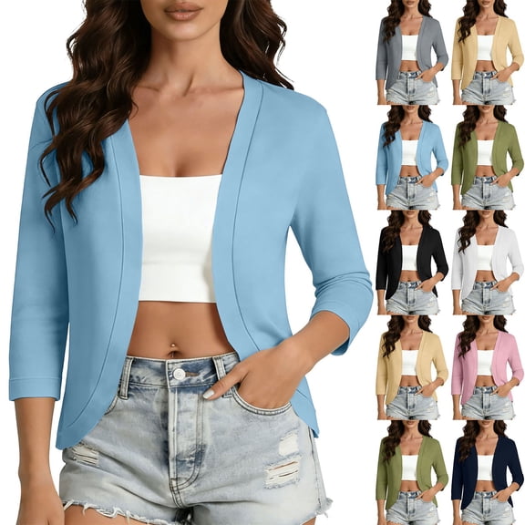 Stamzod Cropped Cardigan for Women Casual Lightweight 3/4 Sleeve Shrug Cardigans Open Front Elegant Bolero Shrugs for Dresses Beige L