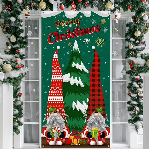Gnome Christmas Door Cover Backdrop - Merry Christmas Banner for Front Door - Xmas Eve Holiday Party Decor