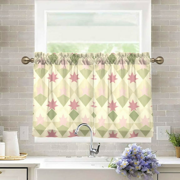 Yayeee Kitchen Curtains Tier Pair Light Filtering 27"x36" Rod Pocket Short Cafe Window Panel, Pastel Green Geometric