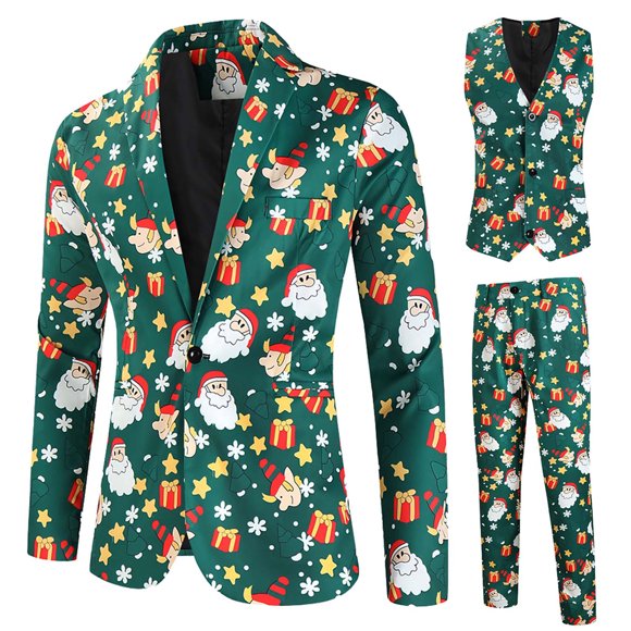 UVEASISHA Men's Slim Fit 3 Piece Suit Christmas Printed Party Suits One Button Shawl Lapel Blazer Jacket Vests Pants Set Xmas Holiday Suit Sets Todays Sales Today,Green,M
