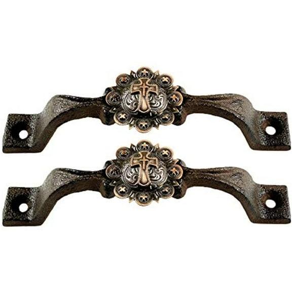 Urbalabs Cast Iron Kitchen Cabinet Handles and Drawer Pulls Western Concho Cross Horseshoe and Star Country Home Rustic Decor Farmhouse Cabinet Handle Cabinet Knobs (2, Copper Western Cross)