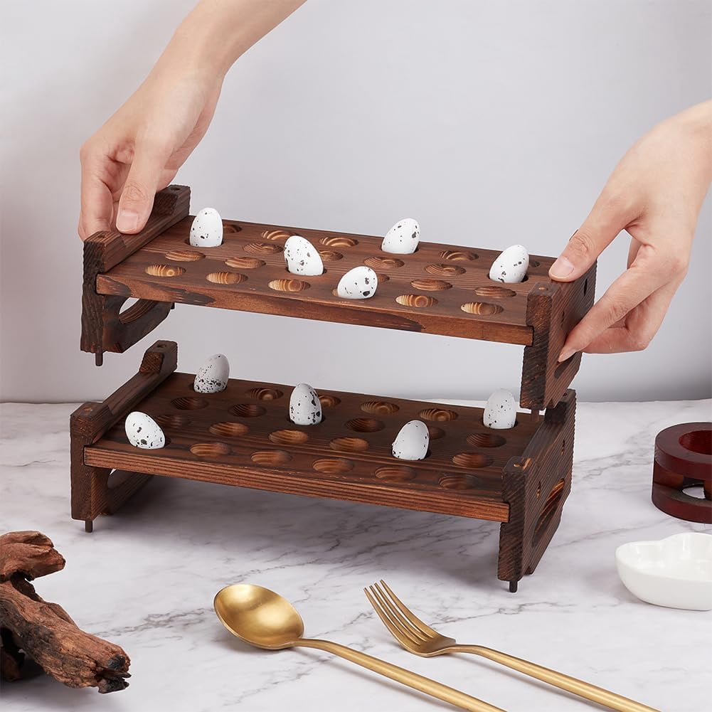 48 Slot 2 Tier Stackable Wooden Quail Egg Holder Rack Rustic Brown Egg Organizer for Kitchen Storage DisplayCoconut Brown