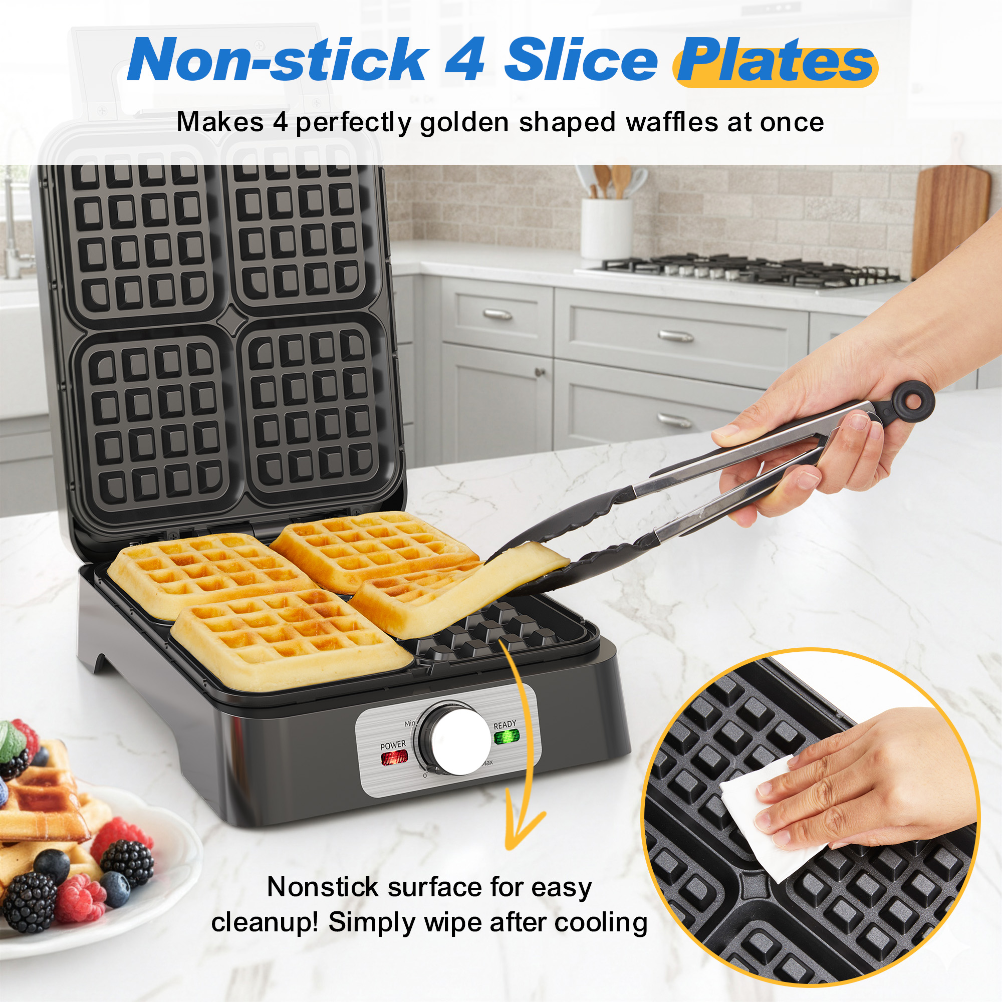 Sunvivi 4-Slice Belgian Waffle Maker, Electric Waffle Iron with Temperature Control, Nonstick Plates & Indicator Lights, Easy Clean