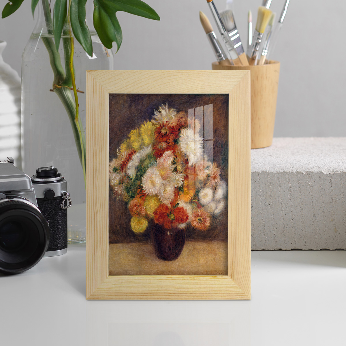 Bouquet of Chrysanthemums -Framed Print w/glass-Natural Wood