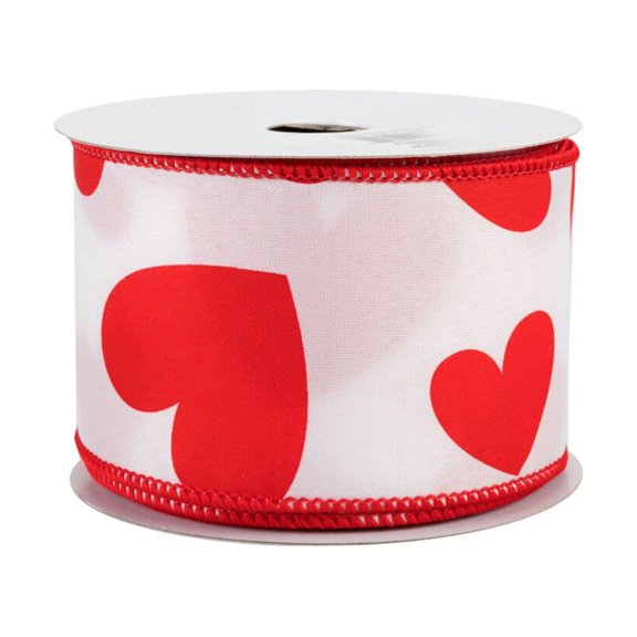 Valentine's Day Red Hearts Ribbon - 2 1/2" x 10 Yards, White, Red Stitched Wired Edges, Christmas, Wreath, Gift Wrap, Gift Bow, Bouquet, Wedding