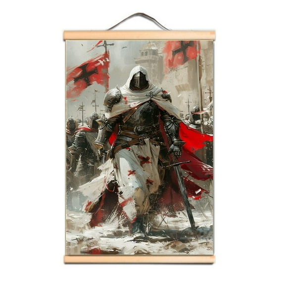 Vintage Christian Warrior Wall Art Poster, Medieval Knights Templar Solid Wood Scroll Painting Wall Hanging Flag for Room and Office Home Decor 1,Multicolor,11.8X17.7 inches